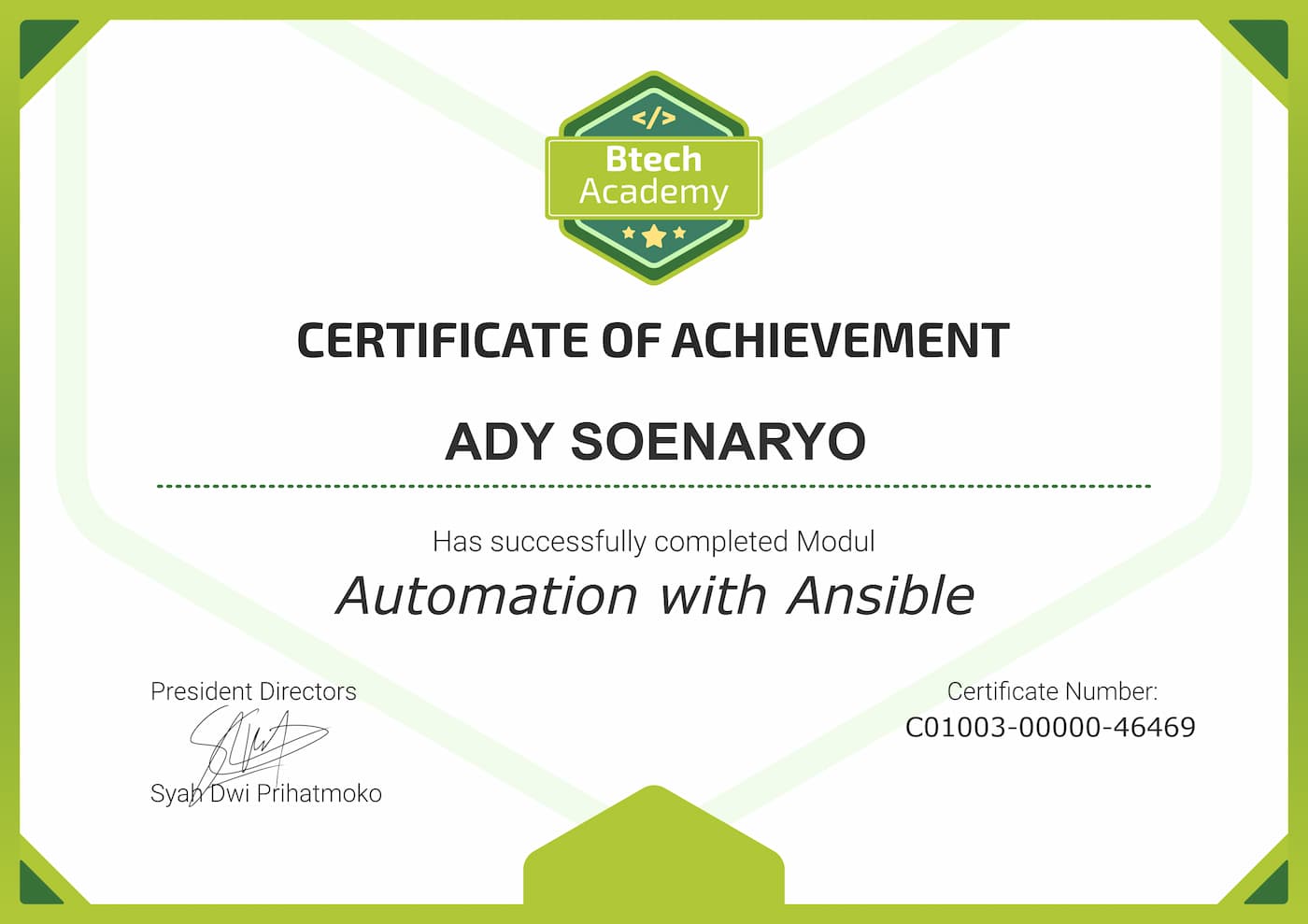 Certificate - Ansible Automation by Adinusa